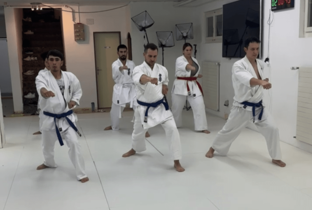 Kyokushin Karate group kihon practice at Taiga Dojo in Zurich, Switzerland. Students performing basic techniques with precision and strength.