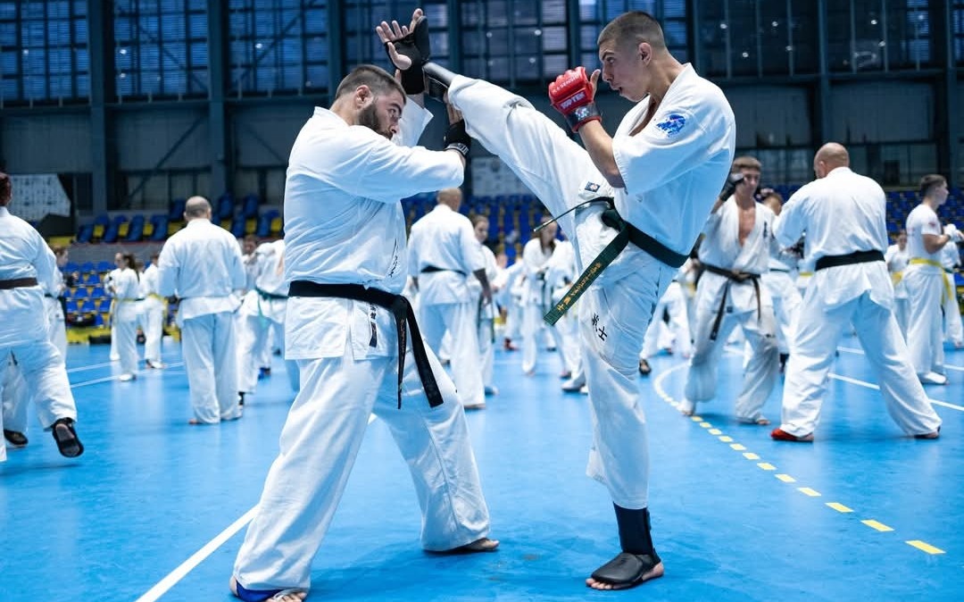 A karate practitioner in a white dogi and red gloves delivering a high roundhouse kick (Mawashi Geri) which is being blocked by a black belt.